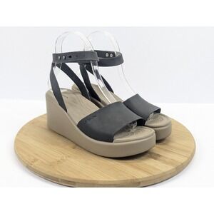 Crocs Brooklyn Ankle Strap Wedge Sandals Womans 6 Black Strappy Open Toe